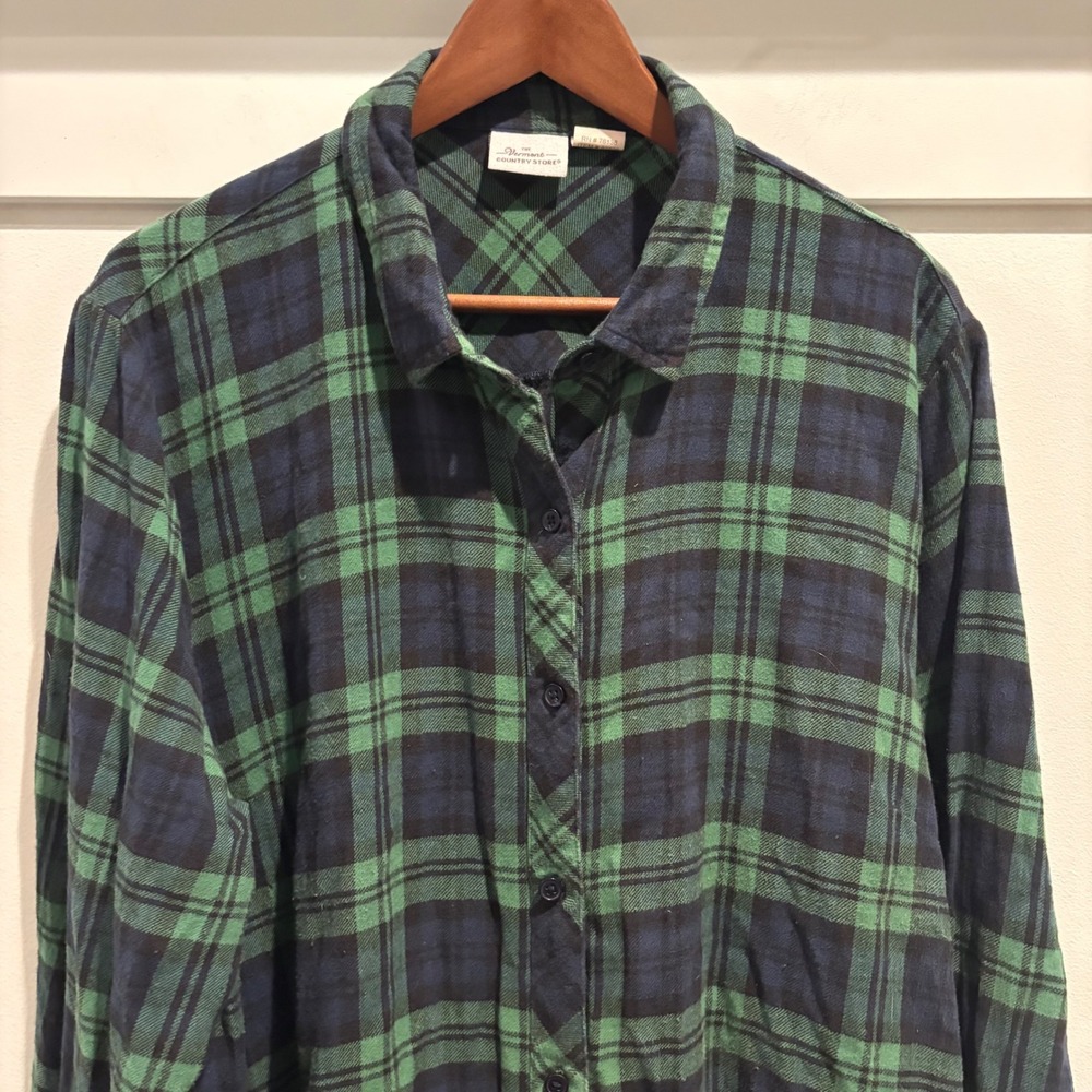 The Vermont Country Store Flannel Tunic Plaid Shirt XL Green Navy Oversized Cozy - Picture 3 of 10